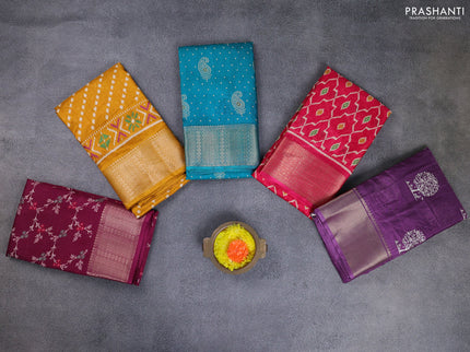 Semi dola pack of 5 multi colour and multi design with allover prints and zari woven border