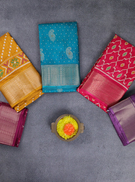 Semi dola pack of 5 multi colour and multi design with allover prints and zari woven border