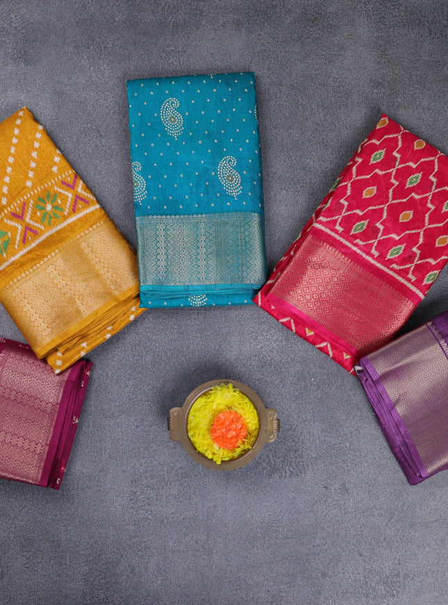 Semi dola pack of 5 multi colour and multi design with allover prints and zari woven border