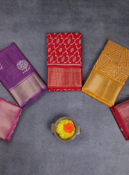 Semi dola pack of 5 multi colour and multi design with allover prints and zari woven border
