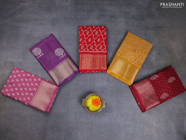 Semi dola pack of 5 multi colour and multi design with allover prints and zari woven border