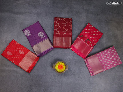 Semi dola pack of 5 multi colour and multi design with allover prints and zari woven border