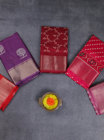 Semi dola pack of 5 multi colour and multi design with allover prints and zari woven border