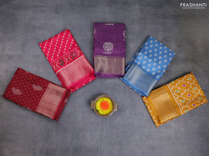Semi dola pack of 5 multi colour and multi design with allover prints and zari woven border
