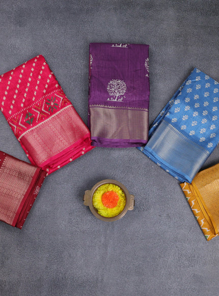 Semi dola pack of 5 multi colour and multi design with allover prints and zari woven border