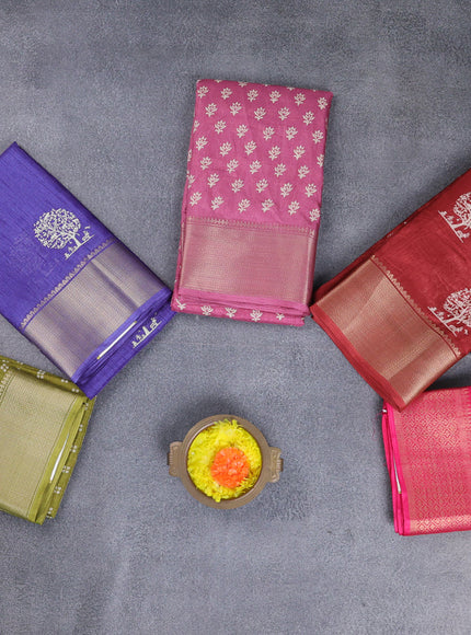 Semi dola pack of 5 multi colour and multi design with allover prints and zari woven border