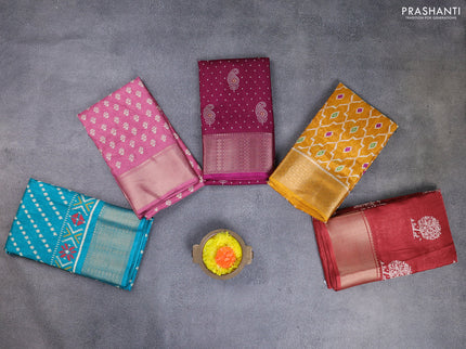 Semi dola pack of 5 multi colour and multi design with allover prints and zari woven border