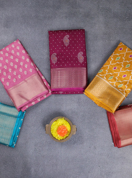 Semi dola pack of 5 multi colour and multi design with allover prints and zari woven border
