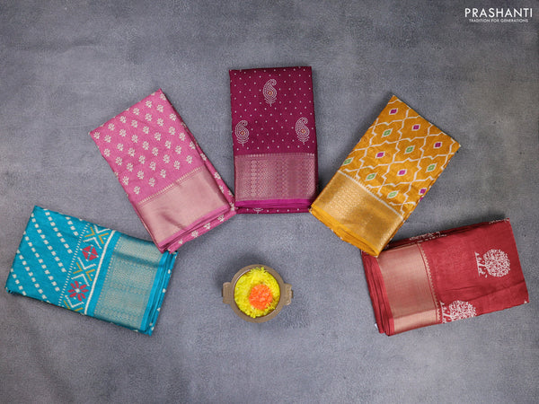 Semi dola pack of 5 multi colour and multi design with allover prints and zari woven border