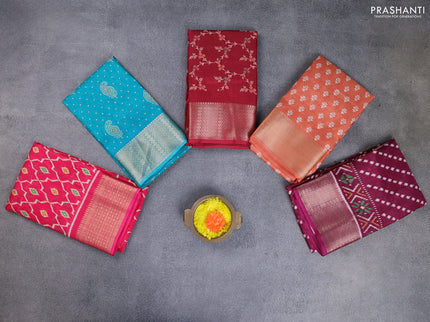 Semi dola pack of 5 multi colour and multi design with allover prints and zari woven border
