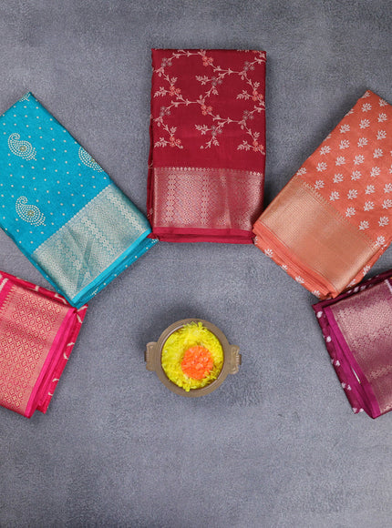 Semi dola pack of 5 multi colour and multi design with allover prints and zari woven border