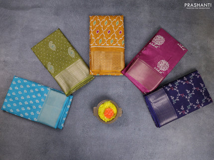 Semi dola pack of 5 multi colour and multi design with allover prints and zari woven border