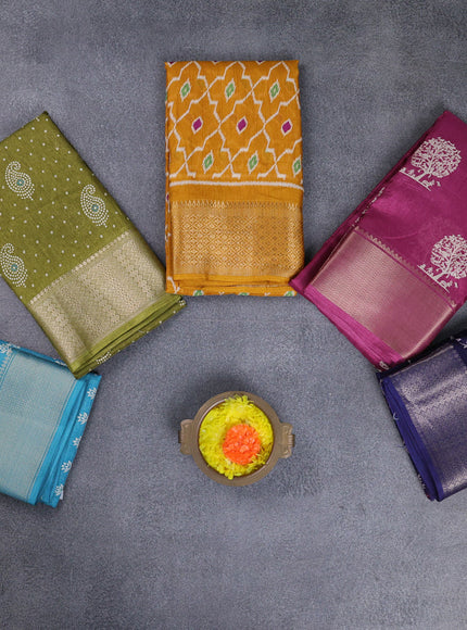 Semi dola pack of 5 multi colour and multi design with allover prints and zari woven border