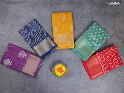 Semi dola pack of 5 multi colour and multi design with allover prints and zari woven border