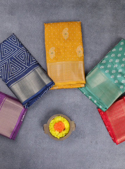 Semi dola pack of 5 multi colour and multi design with allover prints and zari woven border