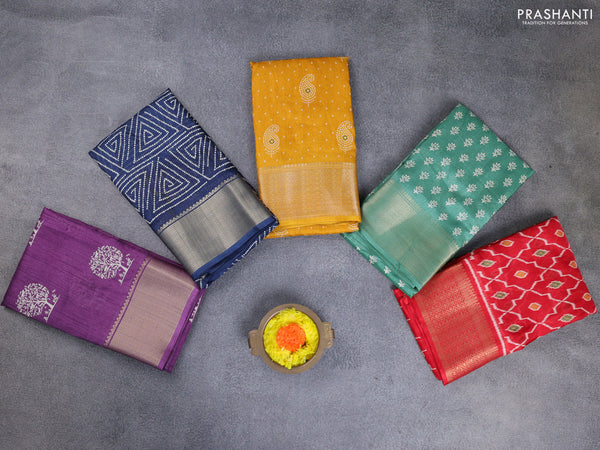 Semi dola pack of 5 multi colour and multi design with allover prints and zari woven border
