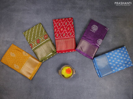 Semi dola pack of 5 multi colour and multi design with allover prints and zari woven border