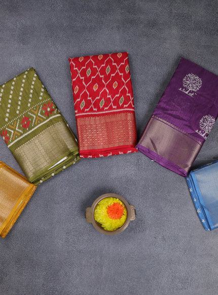 Semi dola pack of 5 multi colour and multi design with allover prints and zari woven border