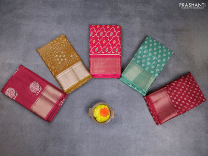 Semi dola pack of 5 multi colour and multi design with allover prints and zari woven border