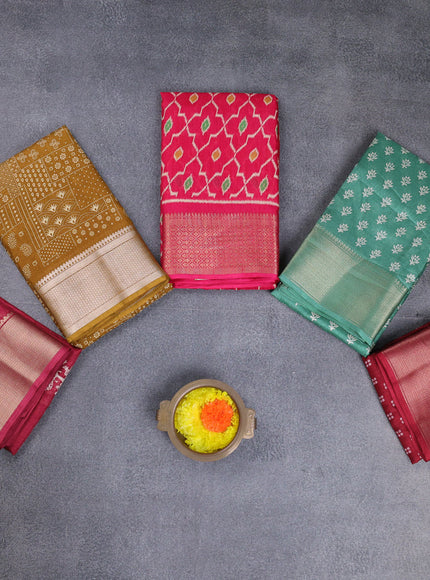 Semi dola pack of 5 multi colour and multi design with allover prints and zari woven border