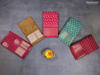 Semi dola pack of 5 multi colour and multi design with allover prints and zari woven border
