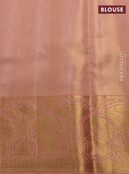 Pure kanchipuram tissue silk saree pastel blue and peach orange with allover zari woven brocade weaves and rich zari woven meenakari border