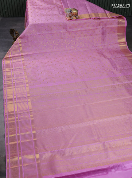Pure kanchipuram silk saree lotus pink with allover zari woven brocade weaves and long rich zari woven border