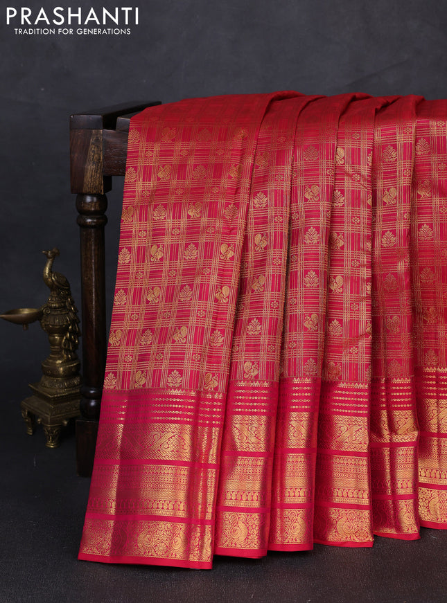 Pure kanchipuram silk saree reddish pink with allover zari woven brocade weaves and long rich zari woven border