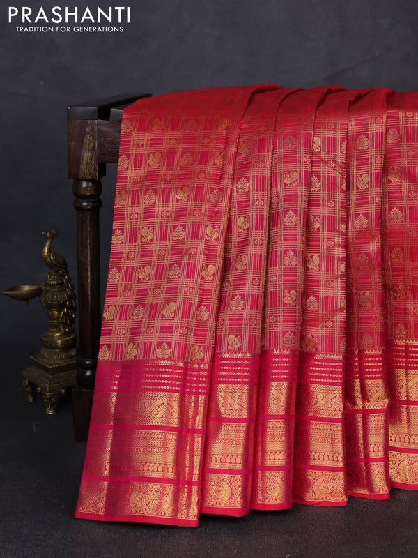 Pure kanchipuram silk saree reddish pink with allover zari woven brocade weaves and long rich zari woven border