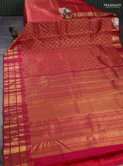 Pure kanchipuram silk saree reddish pink with allover zari woven brocade weaves and long rich zari woven border