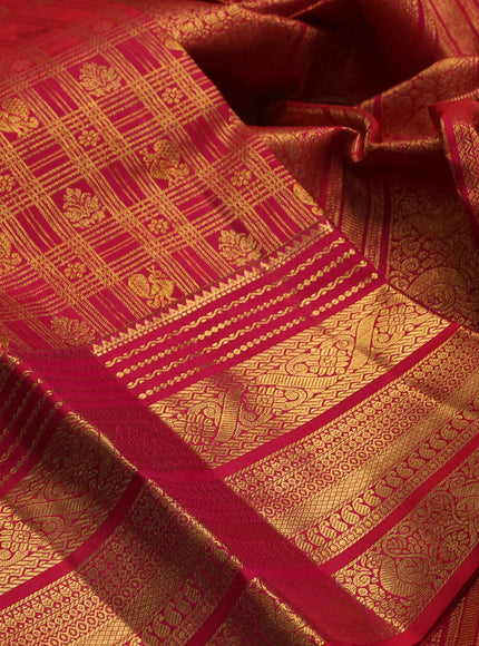 Pure kanchipuram silk saree reddish pink with allover zari woven brocade weaves and long rich zari woven border