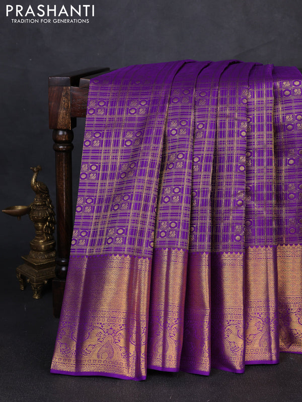 Pure kanchipuram silk saree violet with allover zari woven brocade weaves and long rich zari woven border