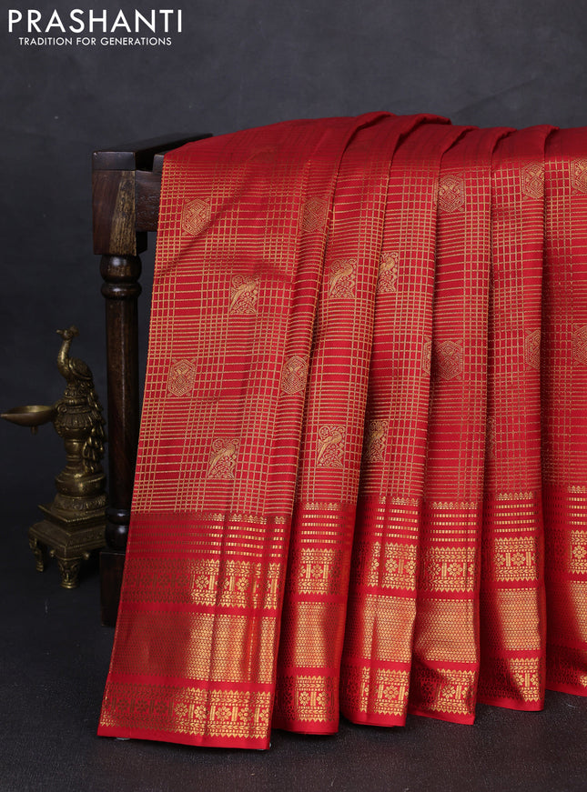 Pure kanchipuram silk saree red with allover zari woven brocade weaves and long rich zari woven border
