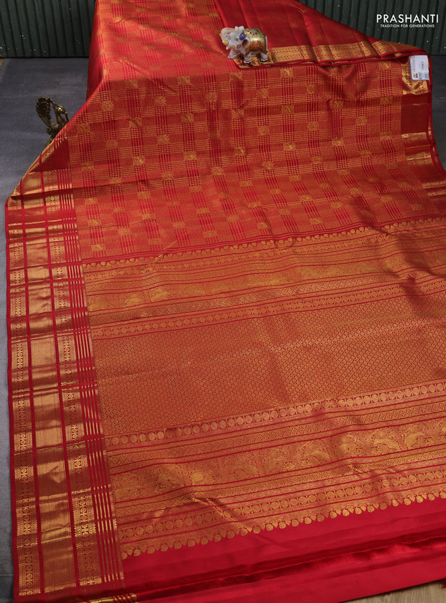 Pure kanchipuram silk saree red with allover zari woven brocade weaves and long rich zari woven border