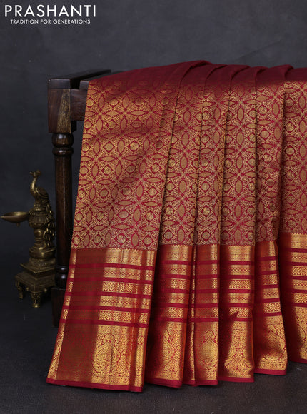 Pure kanchipuram silk saree maroon with allover zari woven brocade weaves and long rich zari woven border