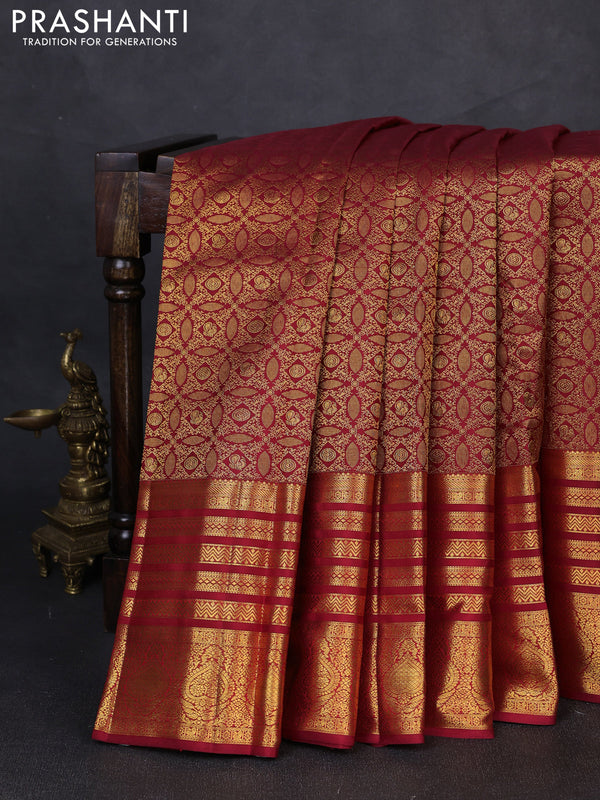 Pure kanchipuram silk saree maroon with allover zari woven brocade weaves and long rich zari woven border