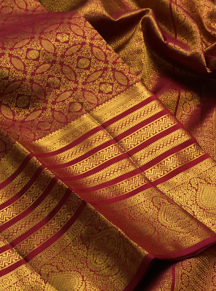 Pure kanchipuram silk saree maroon with allover zari woven brocade weaves and long rich zari woven border