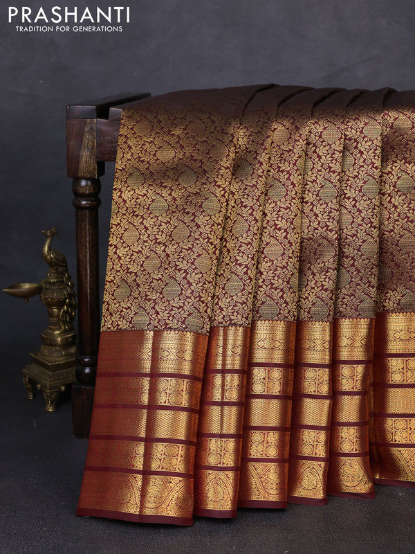 Pure kanchipuram silk saree deep maroon with allover zari woven brocade weaves and long rich zari woven border