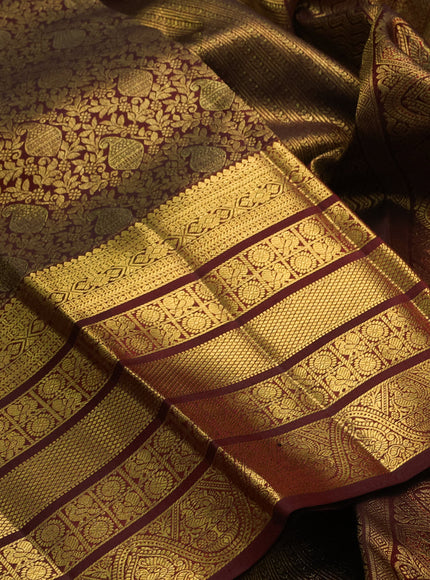 Pure kanchipuram silk saree deep maroon with allover zari woven brocade weaves and long rich zari woven border