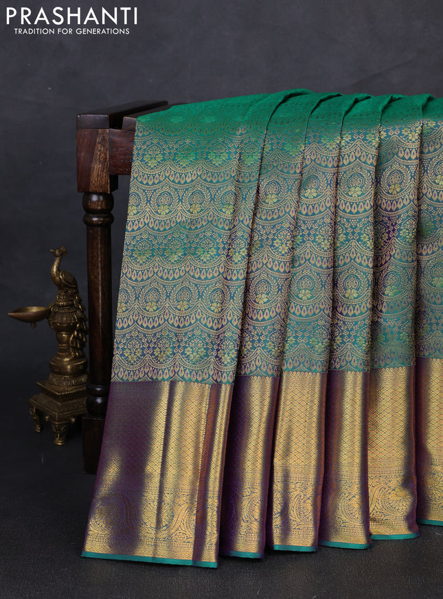 Pure kanchipuram silk saree teal green with allover zari woven brocade weaves and long rich zari woven border