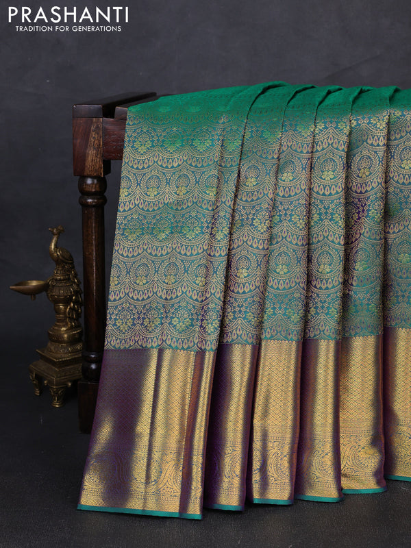 Pure kanchipuram silk saree teal green with allover zari woven brocade weaves and long rich zari woven border