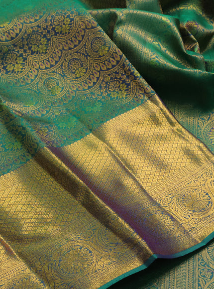 Pure kanchipuram silk saree teal green with allover zari woven brocade weaves and long rich zari woven border
