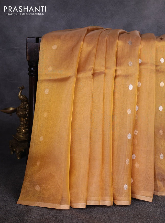 Banarasi tissue silk saree mustard yellow with allover silver & zari woven buttas and zari woven piping border