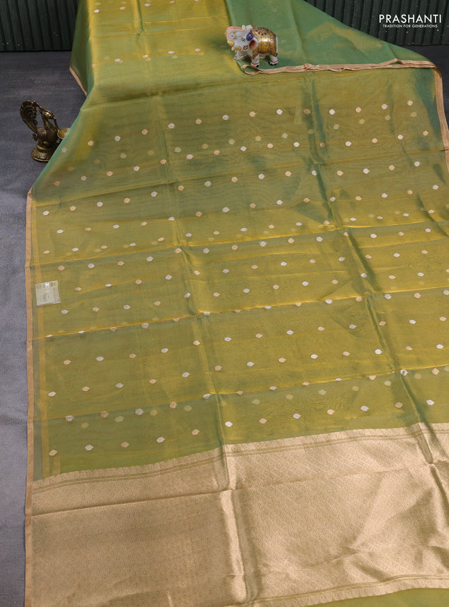 Banarasi tissue silk saree light green with allover silver & zari woven buttas and zari woven piping border