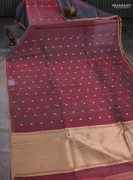 Banarasi tissue silk saree dual shade of maroon with allover silver & zari woven buttas and zari woven piping border