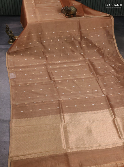 Banarasi tissue silk saree peach shade with allover silver & zari woven buttas and zari woven piping border