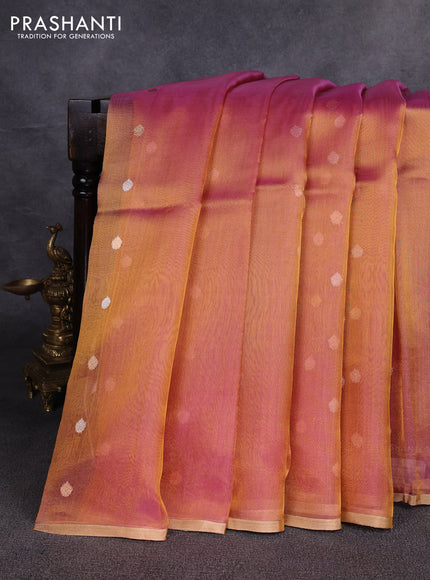 Banarasi tissue silk saree dual shade of pink with allover silver & zari woven buttas and zari woven piping border