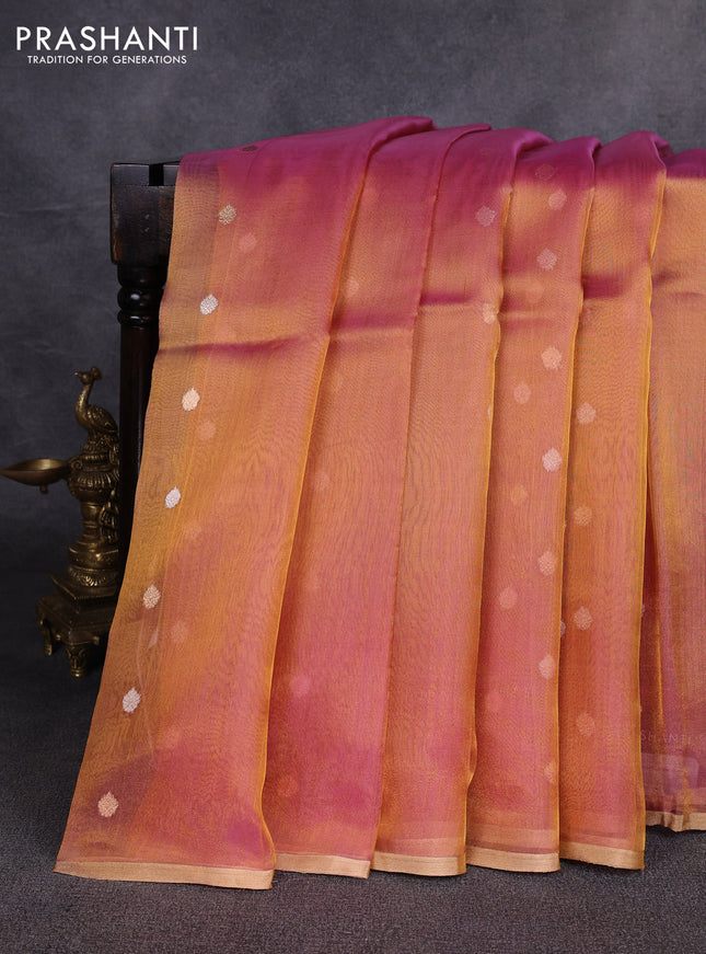 Banarasi tissue silk saree dual shade of pink with allover silver & zari woven buttas and zari woven piping border