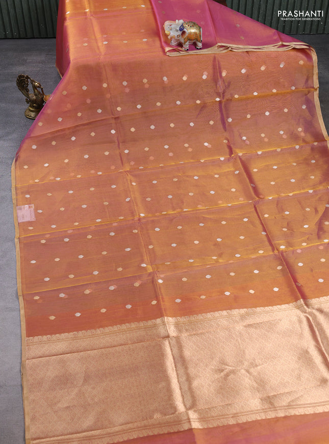 Banarasi tissue silk saree dual shade of pink with allover silver & zari woven buttas and zari woven piping border