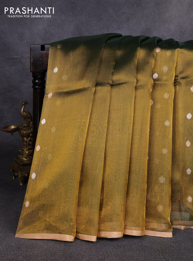 Banarasi tissue silk saree mehendi green with allover silver & zari woven buttas and zari woven piping border